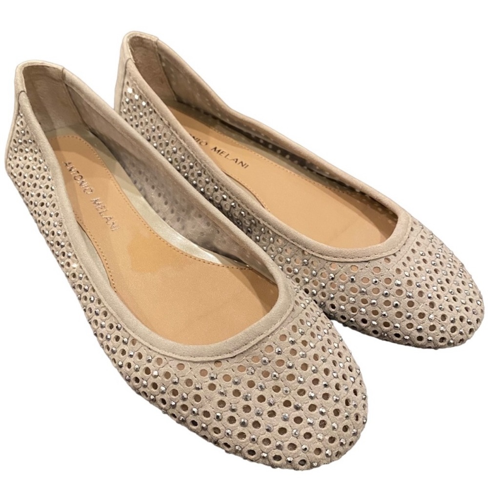 Like New Antonio Melani Tan Leather Perforated Crystal Detail Ballerina Flats 7! - Picture 1 of 14
